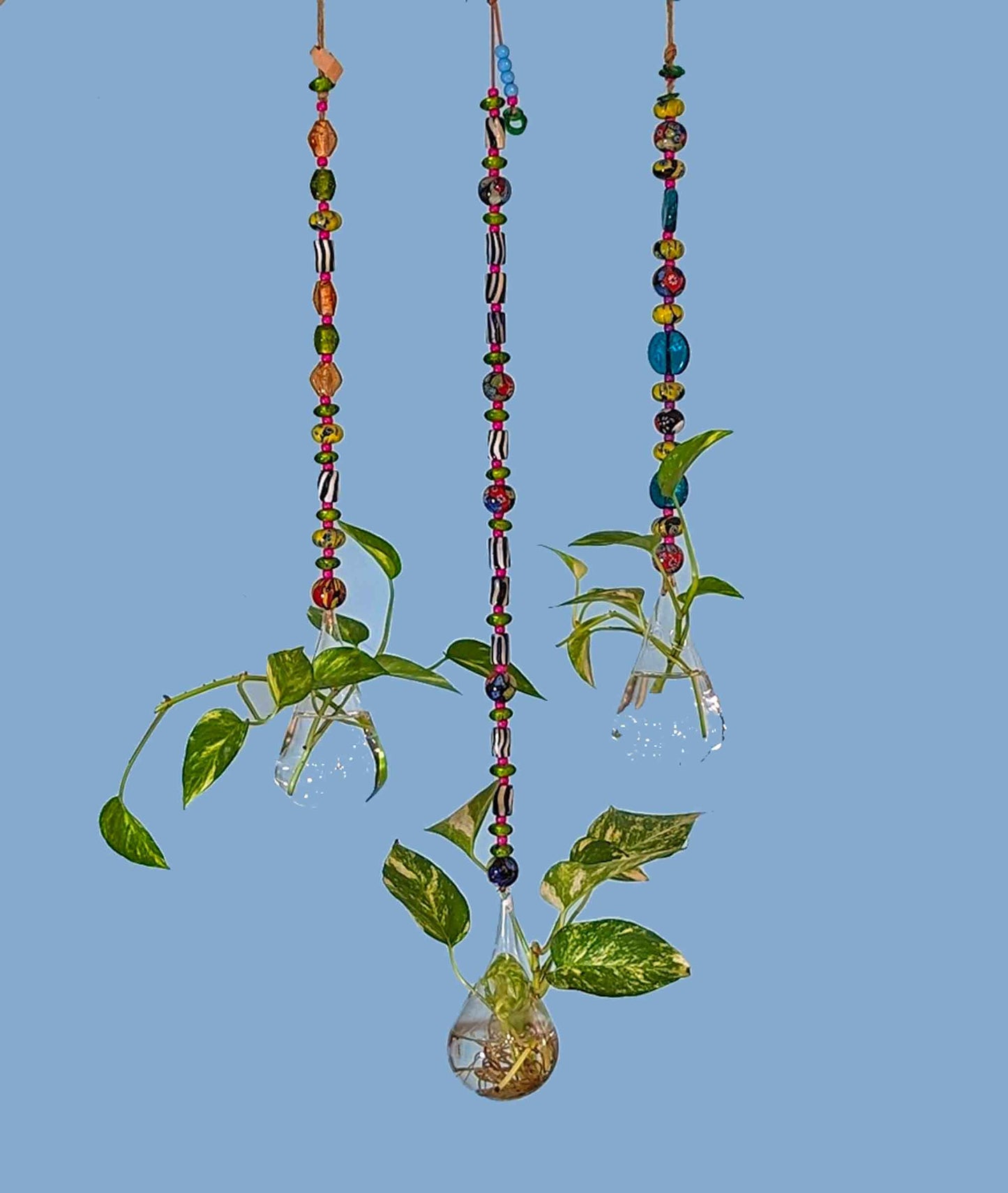 Boho Chic Eclectic Glass Vase Hanging on Colorful Glass Bead Chain