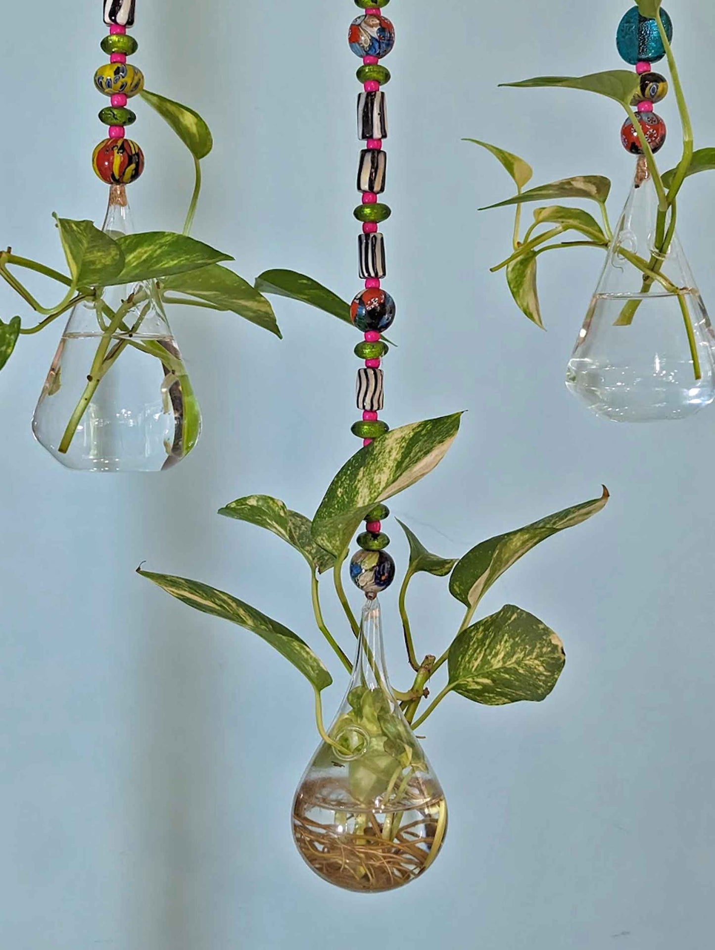 Boho Chic Eclectic Glass Vase Hanging on Colorful Glass Bead Chain