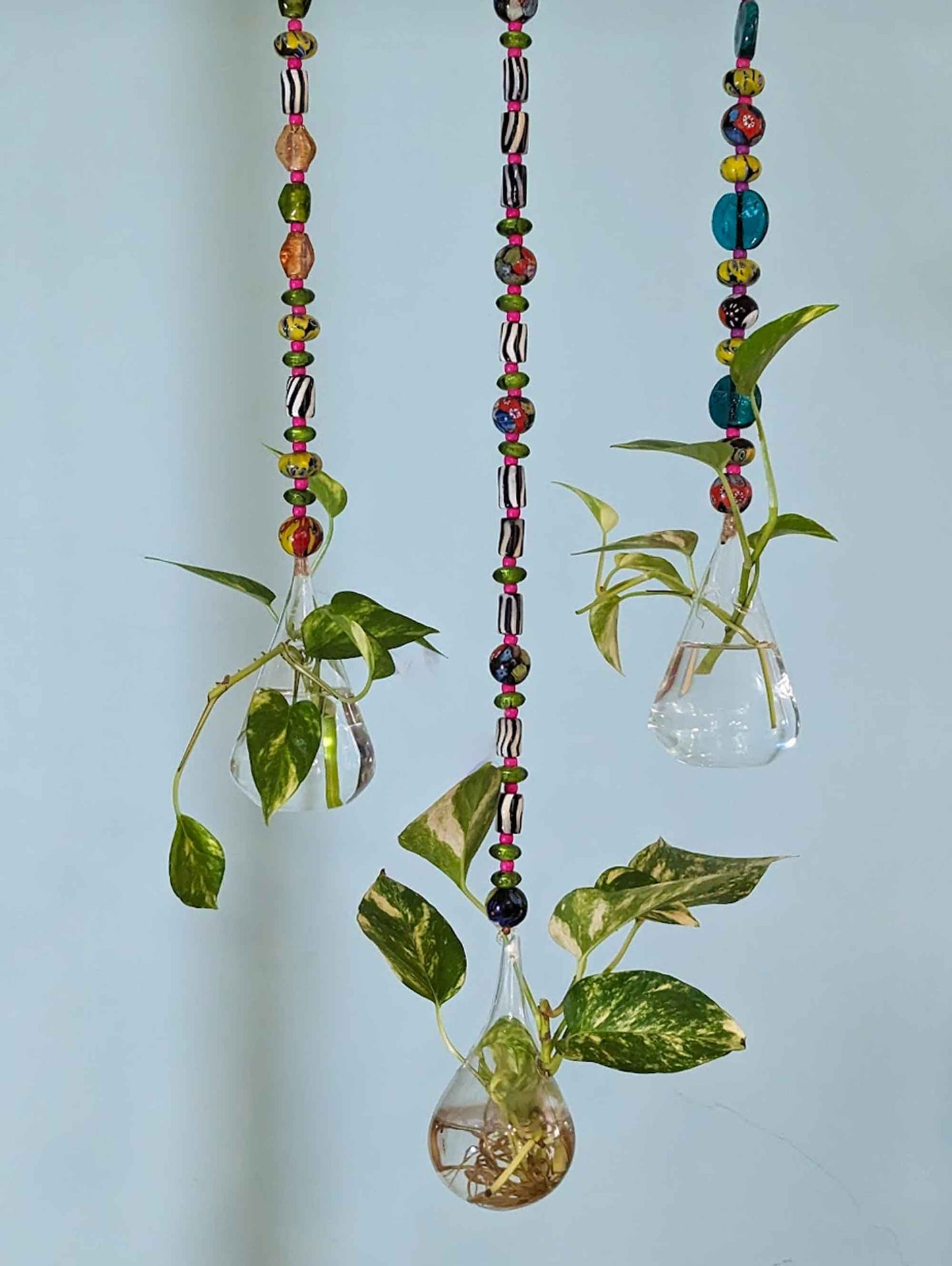 Boho Chic Eclectic Glass Vase Hanging on Colorful Glass Bead Chain