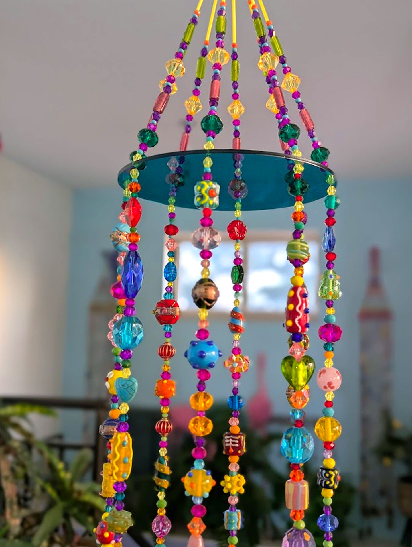 Colorful Beaded Hanging Mobile – Handmade Boho Glass Bead Wind Chime with Brass Bells