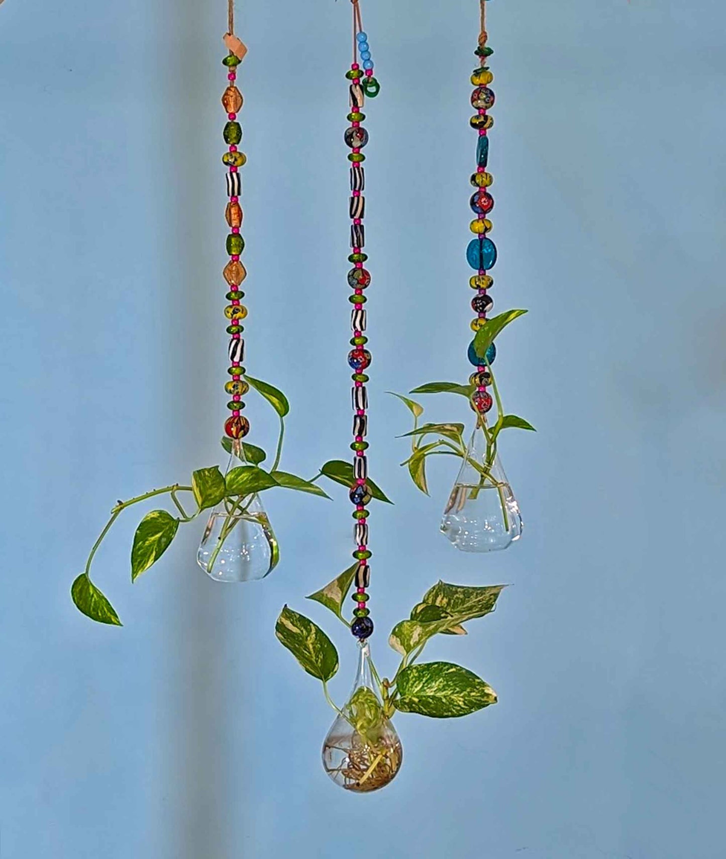 Boho Chic Eclectic Glass Vase Hanging on Colorful Glass Bead Chain