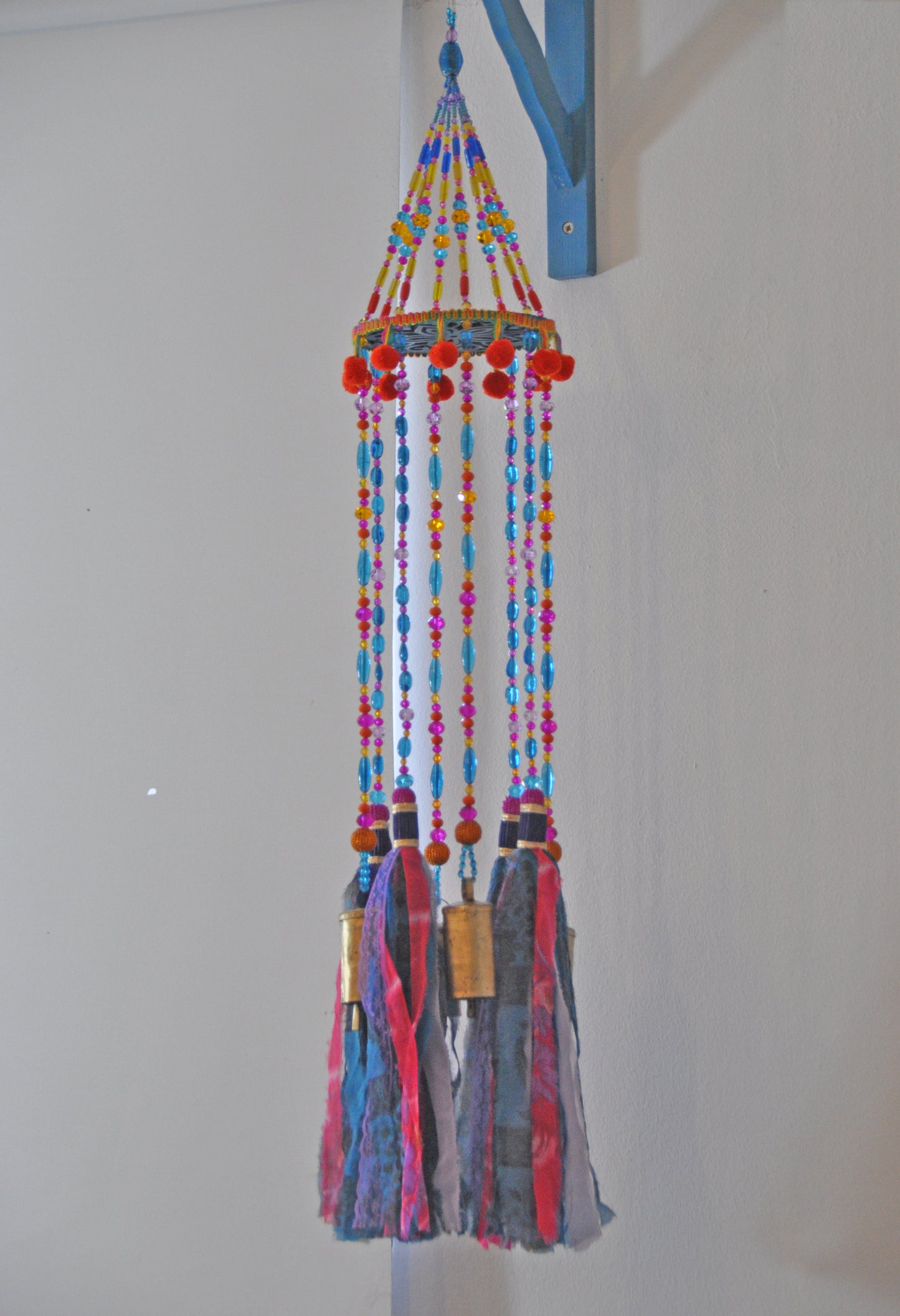 Colorful Beaded Mobile Wind Chime With Brass Bells and Fabric Tassels