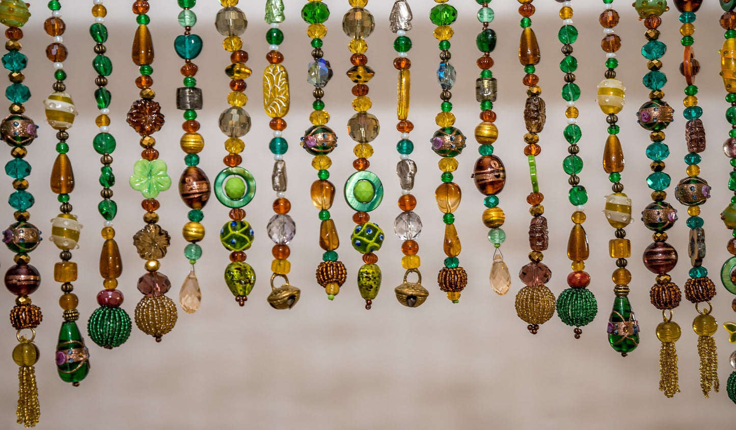 Beaded Valance in shadows of Green, Yellow, Brown, and touches of gold