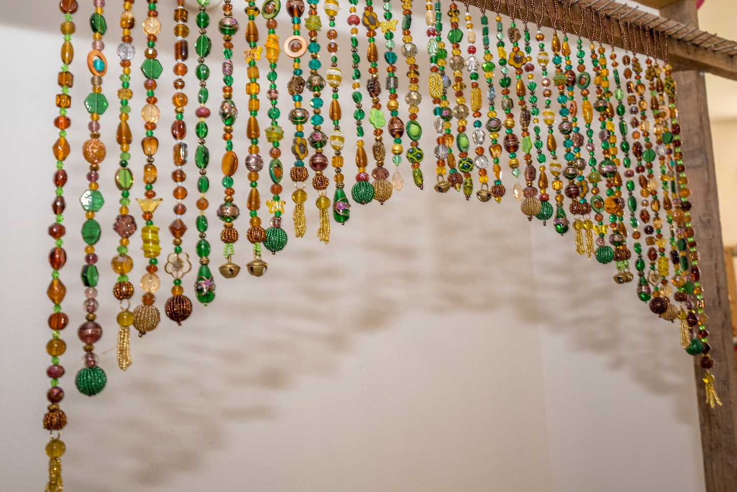 Beaded Valance in shadows of Green, Yellow, Brown, and touches of gold