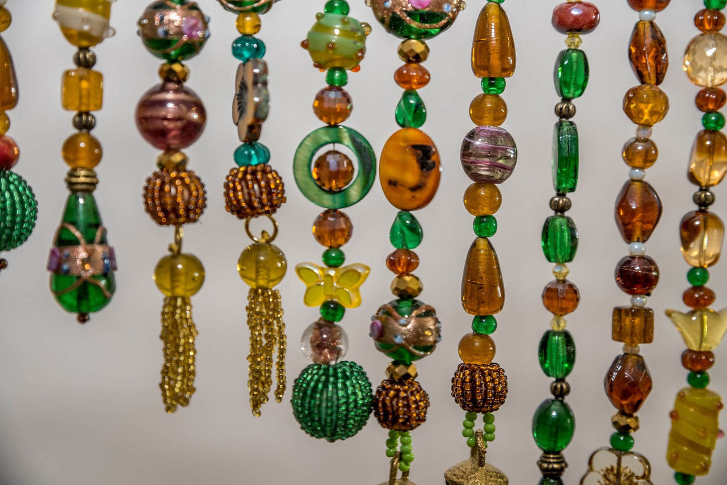 Beaded Valance in shadows of Green, Yellow, Brown, and touches of gold