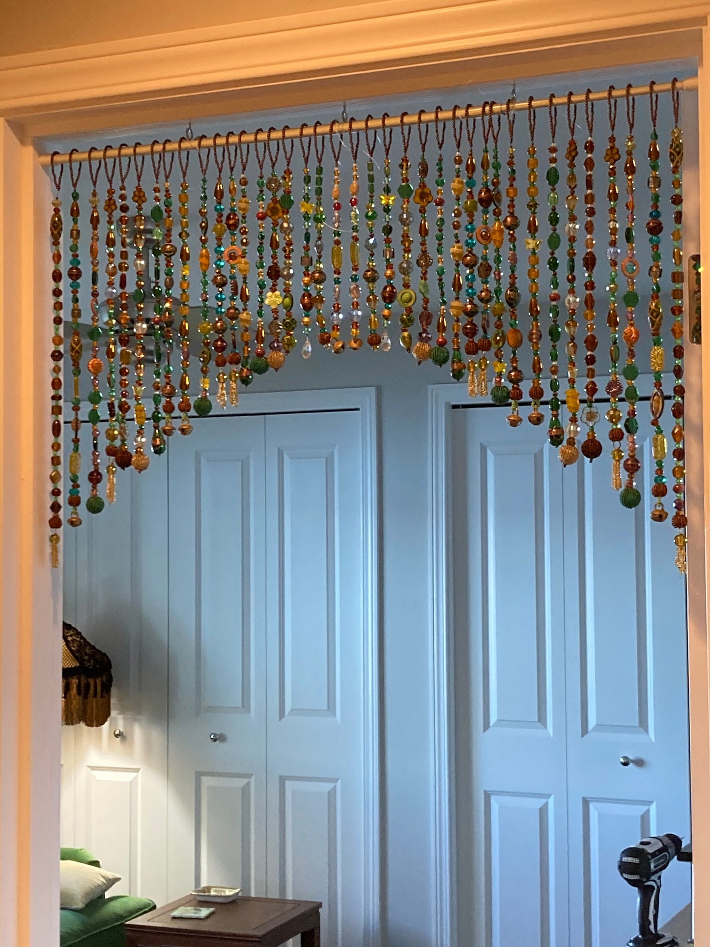 Beaded Valance in shadows of Green, Yellow, Brown, and touches of gold