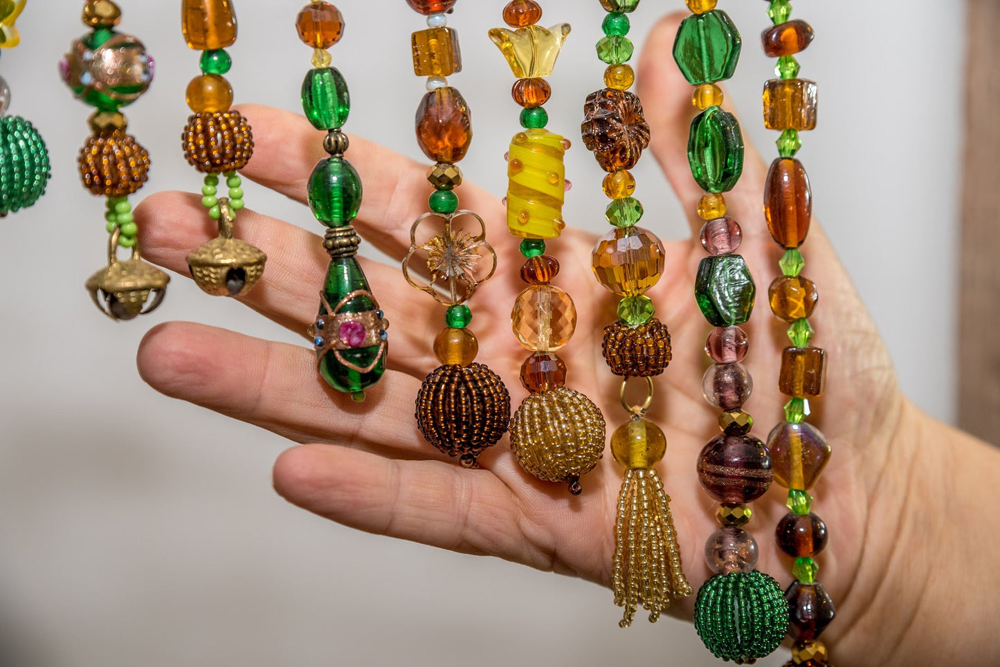 Beaded Valance in shadows of Green, Yellow, Brown, and touches of gold