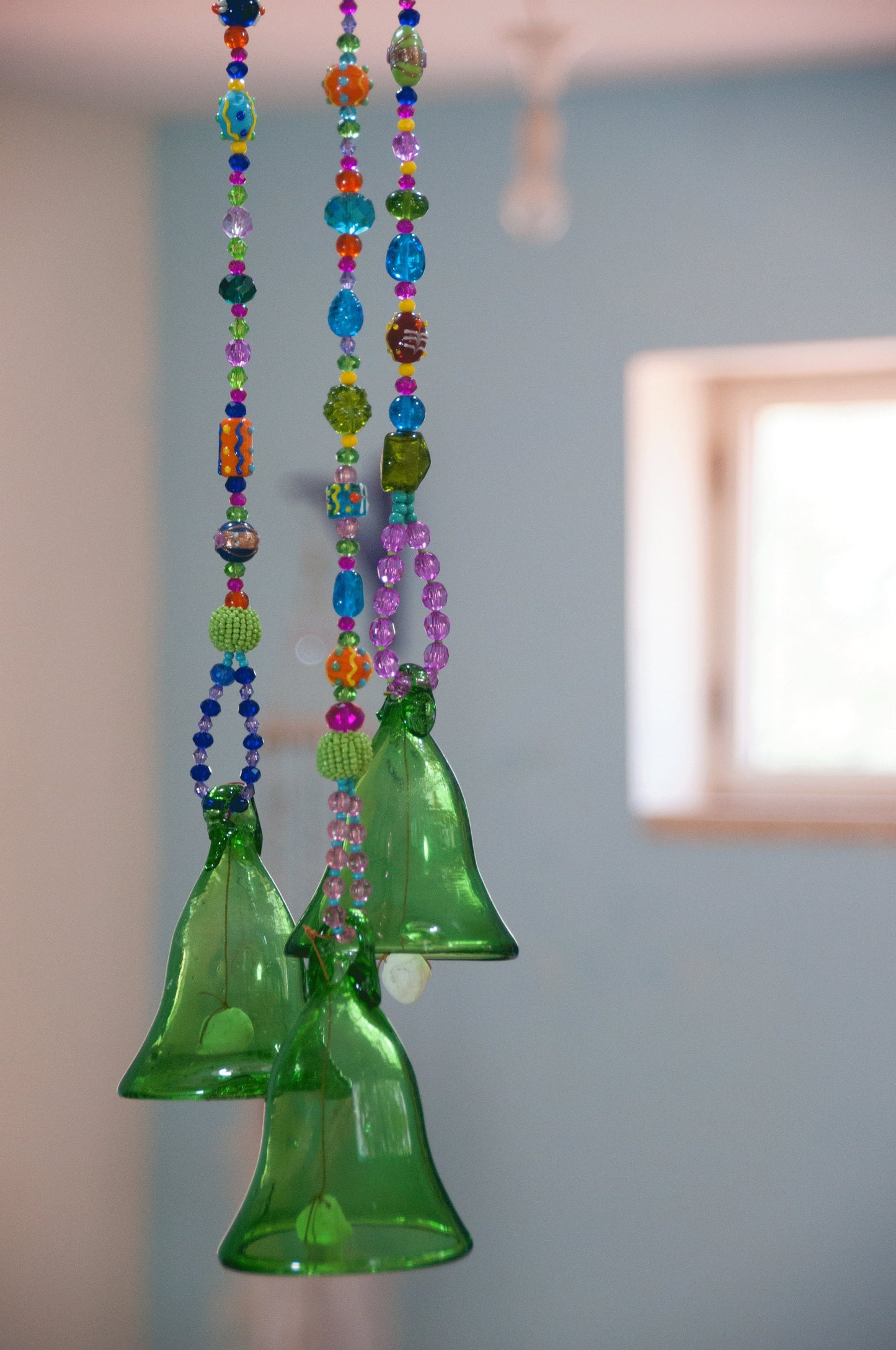 Green Glass-Blown Bell On Beaded String (Made to Order)