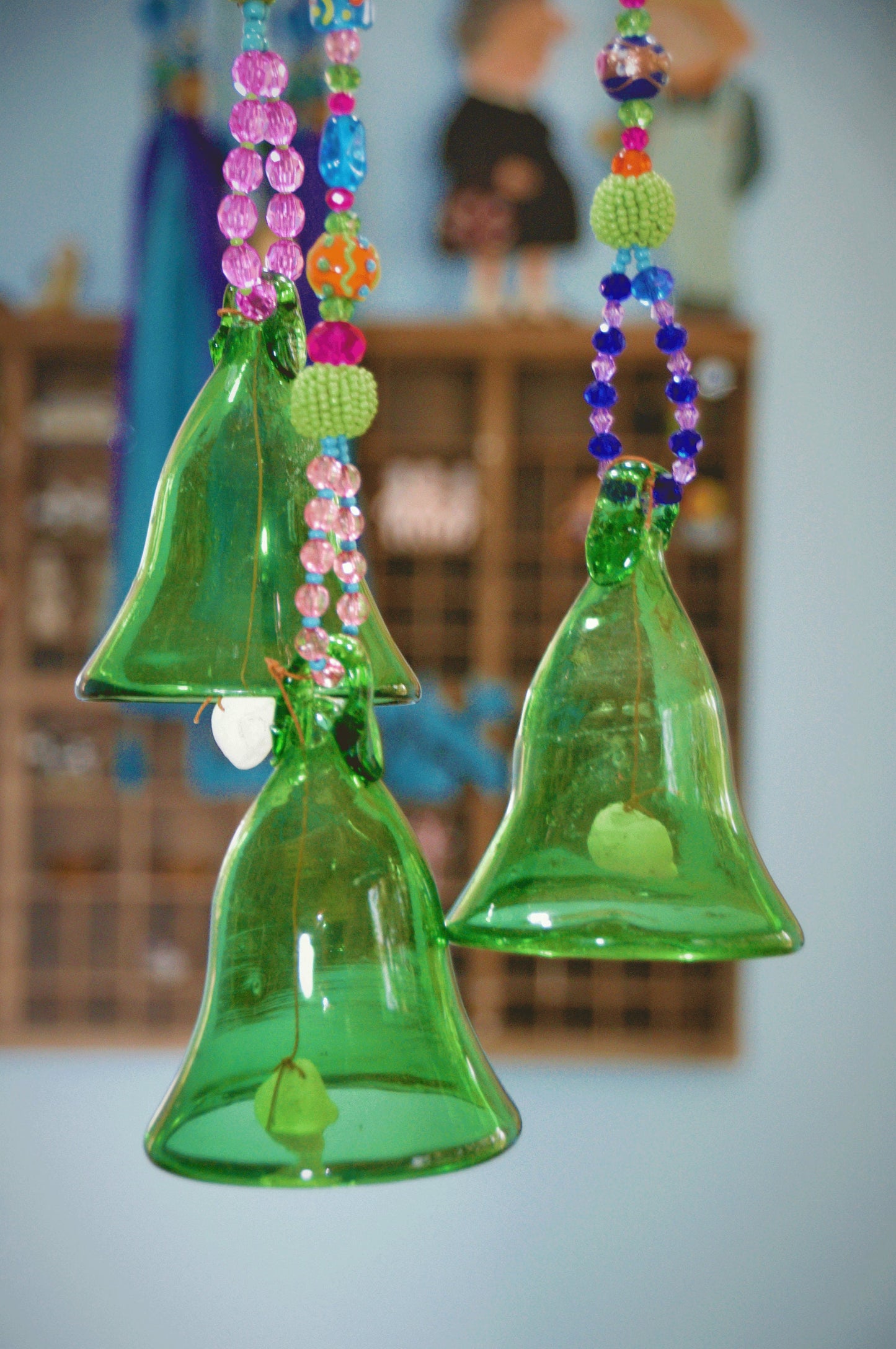 Green Glass-Blown Bell On Beaded String (Made to Order)