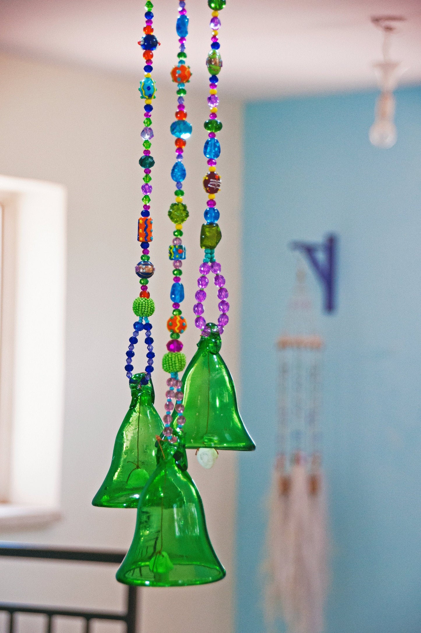 Green Glass-Blown Bell On Beaded String (Made to Order)