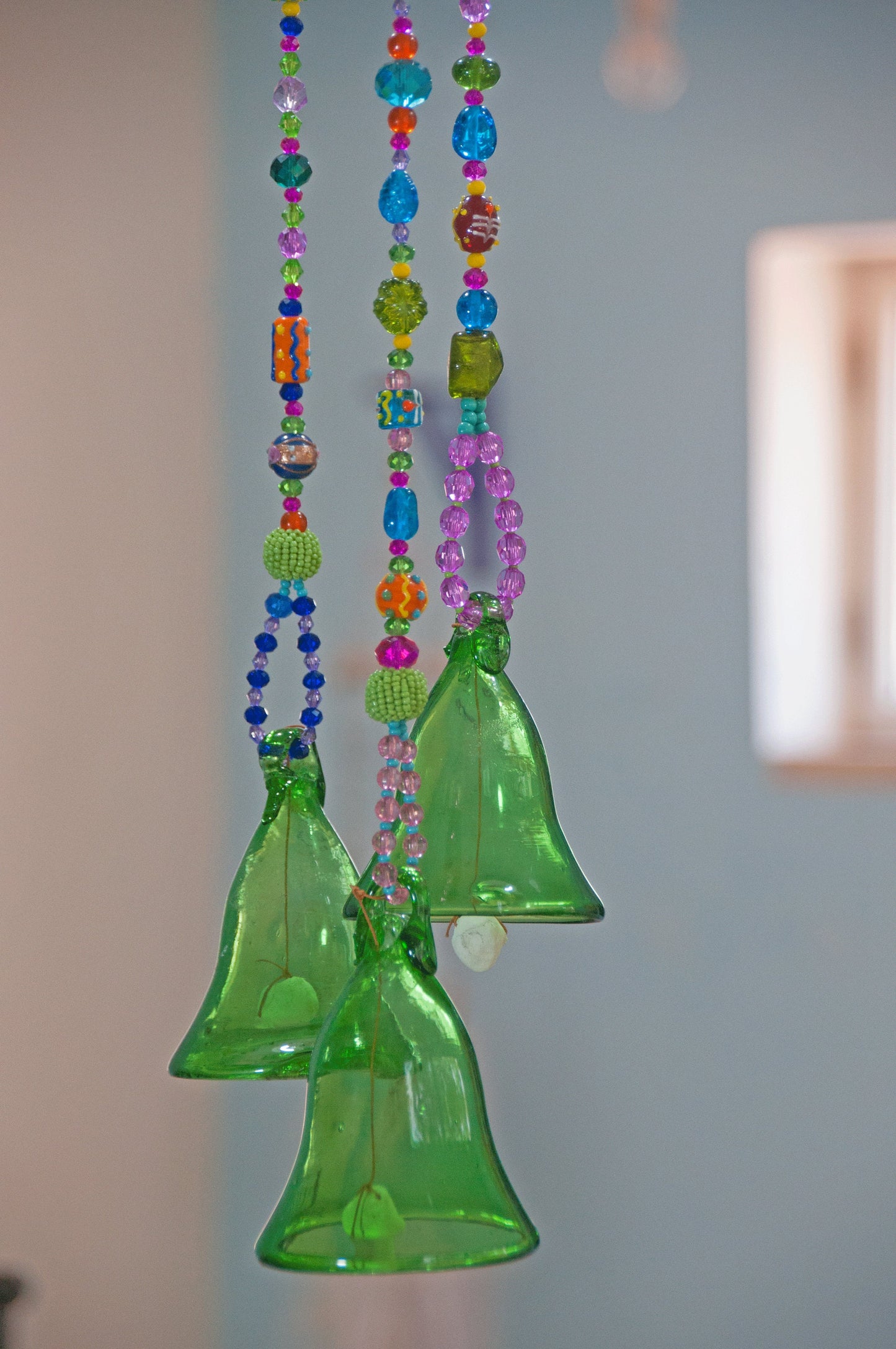 Green Glass-Blown Bell On Beaded String (Made to Order)