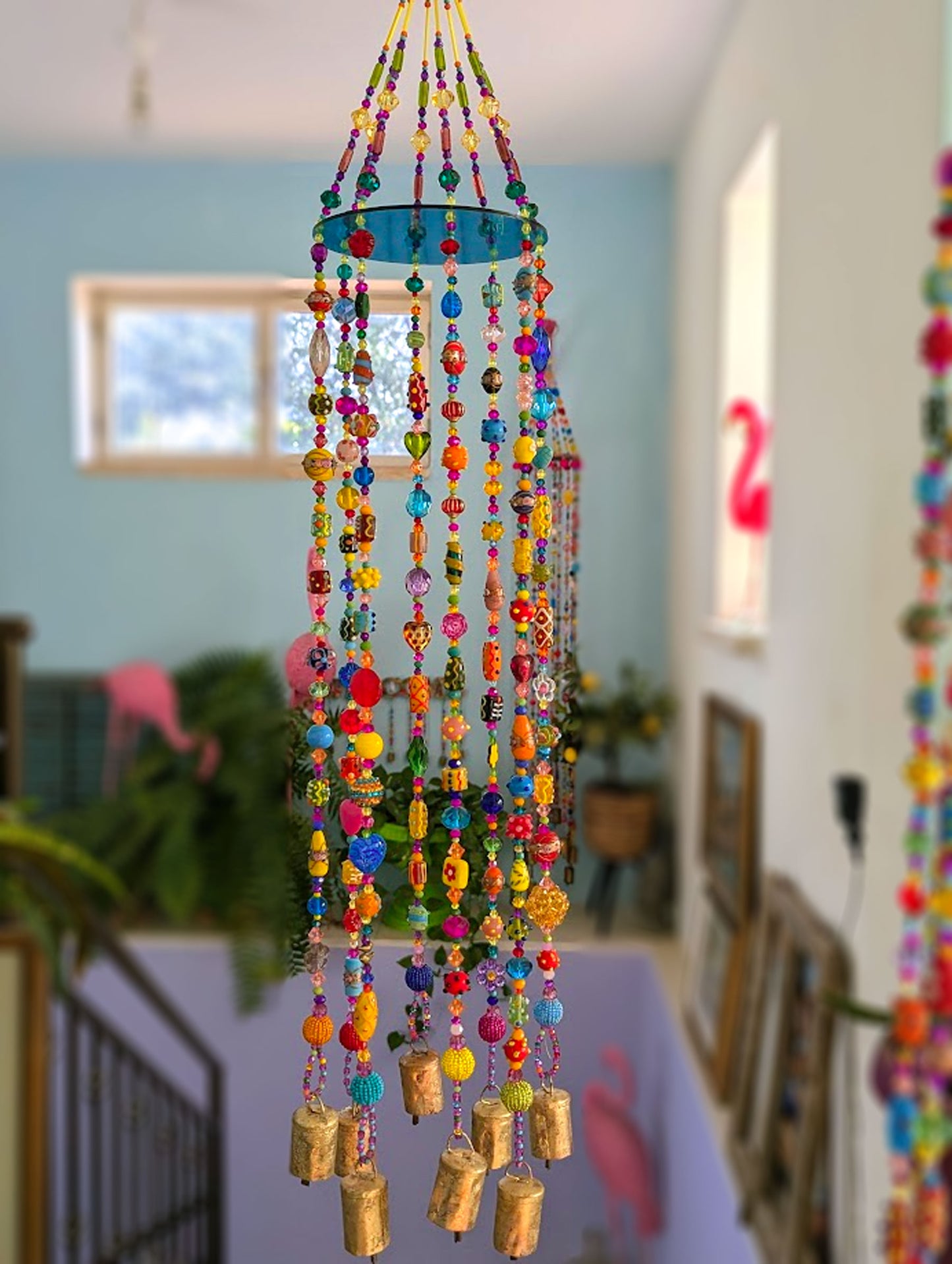 Colorful Beaded Hanging Mobile – Handmade Boho Glass Bead Wind Chime with Brass Bells