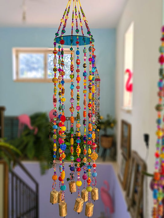 Colorful Beaded Hanging Mobile – Handmade Boho Glass Bead Wind Chime with Brass Bells