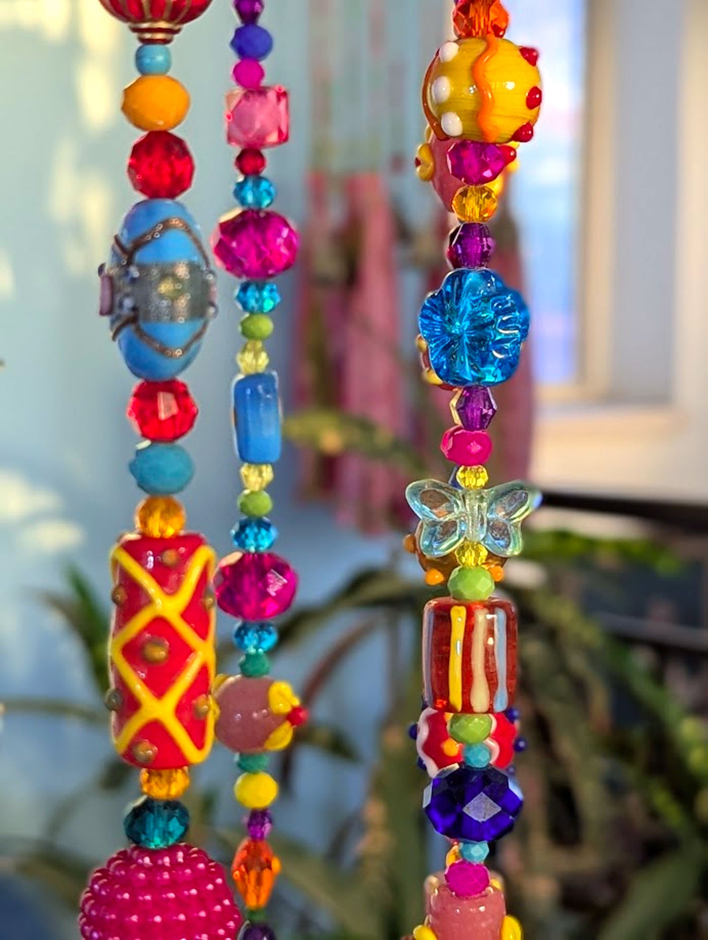 Colorful Beaded Hanging Mobile – Handmade Boho Glass Bead Wind Chime with Brass Bells