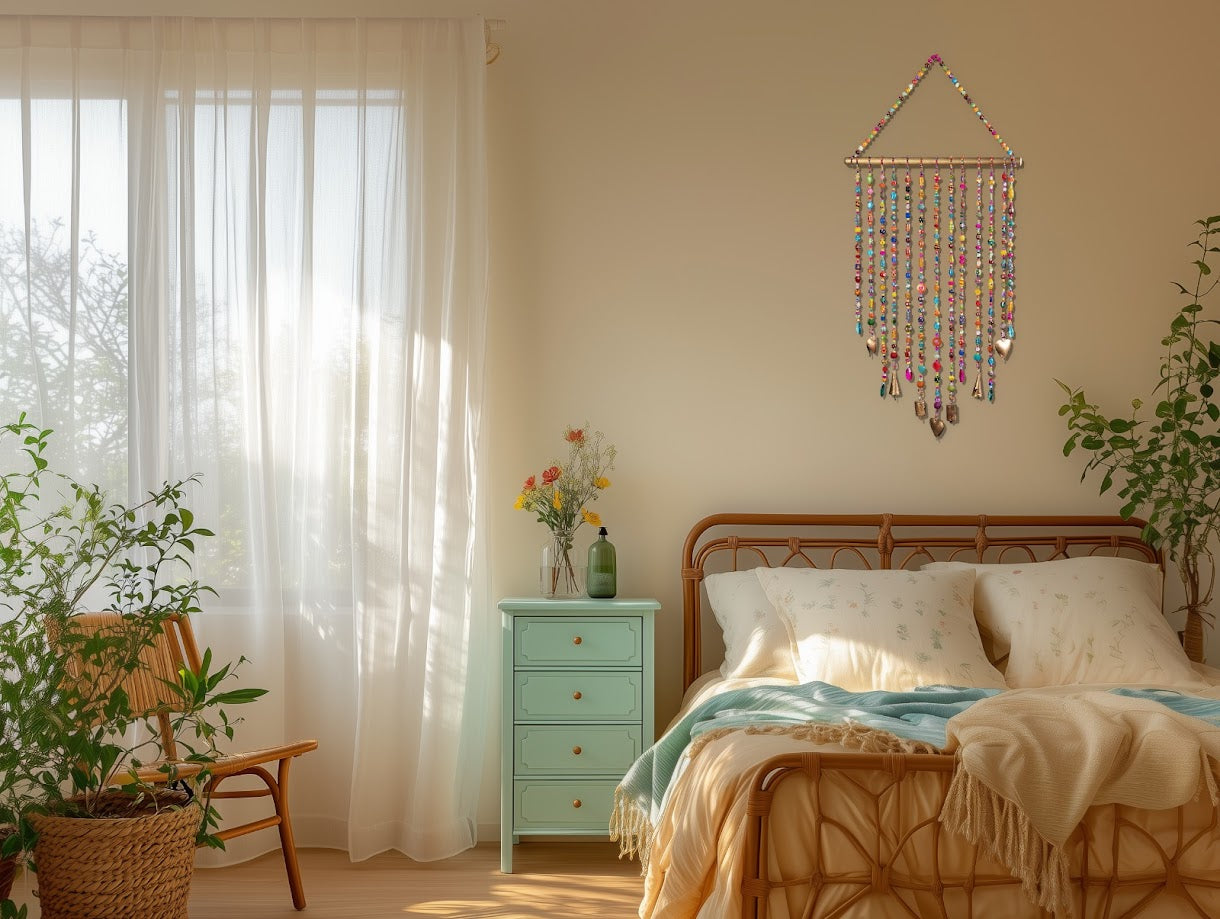 Colorful Boho Beaded Wall Mobile with Brass Bells – Handmade Glass Bead Hanging – Artistic Bohemian Wall Decor