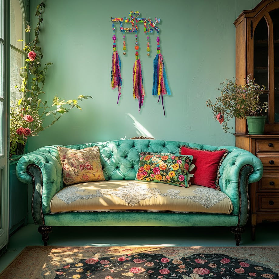 Colorful Handmade Love - אהבה - wall hanging, Hebrew letter Sign With Brass Bells and Fabric Tassels