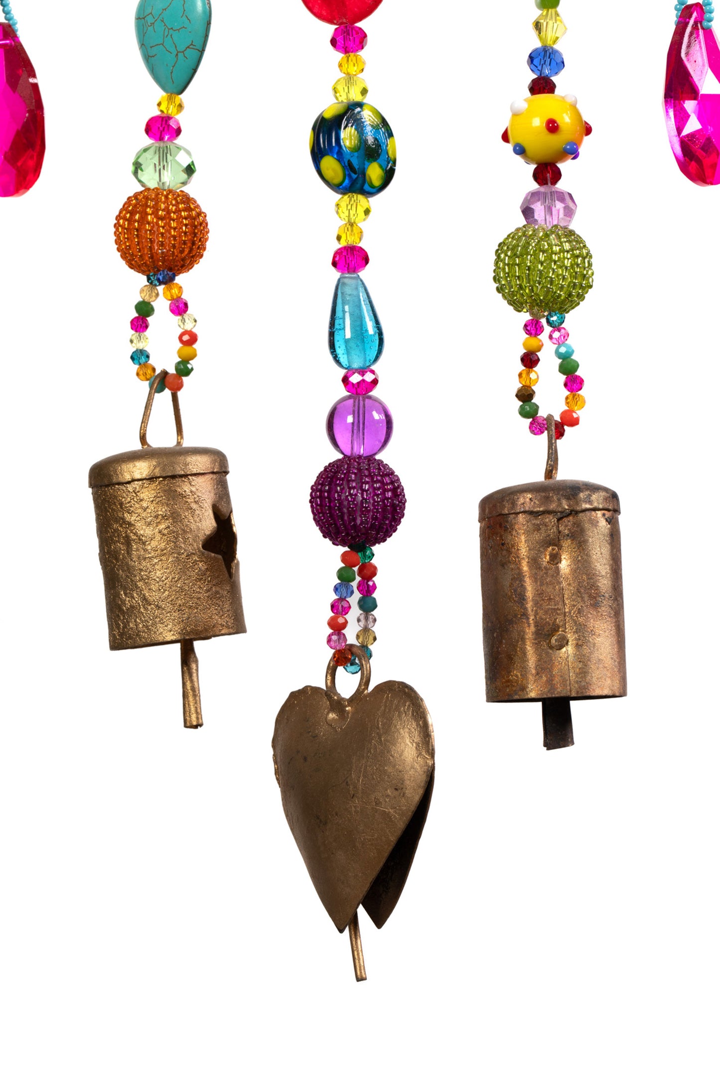 Close up of colorful artisan lampwork glass beads on handmade boho wall mobile