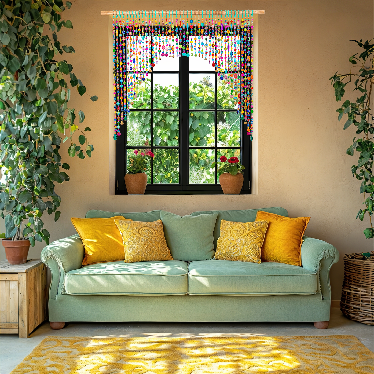 Colorful Beaded Door Curtain Arch – Handmade Glass Bead Boho Doorway Curtain with Bells