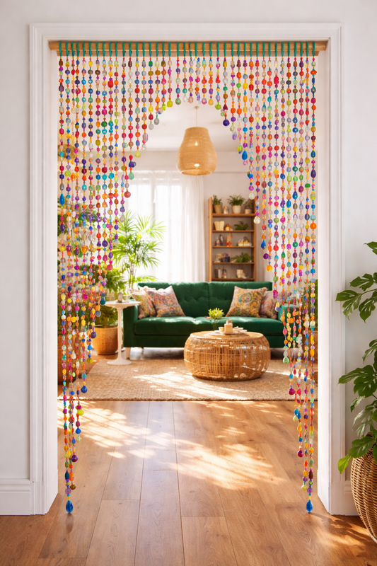 Colorful handmade beaded curtain hanging in doorway with glass beads and boho living room behind