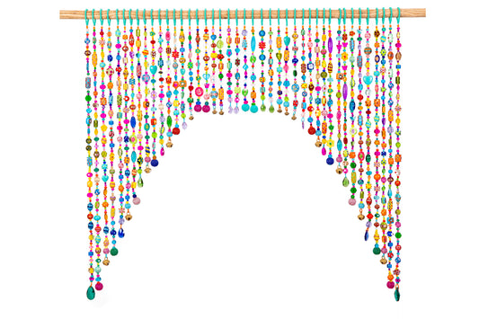 Colorful Beaded Door Curtain Arch – Handmade Glass Bead Boho Doorway Curtain with Bells