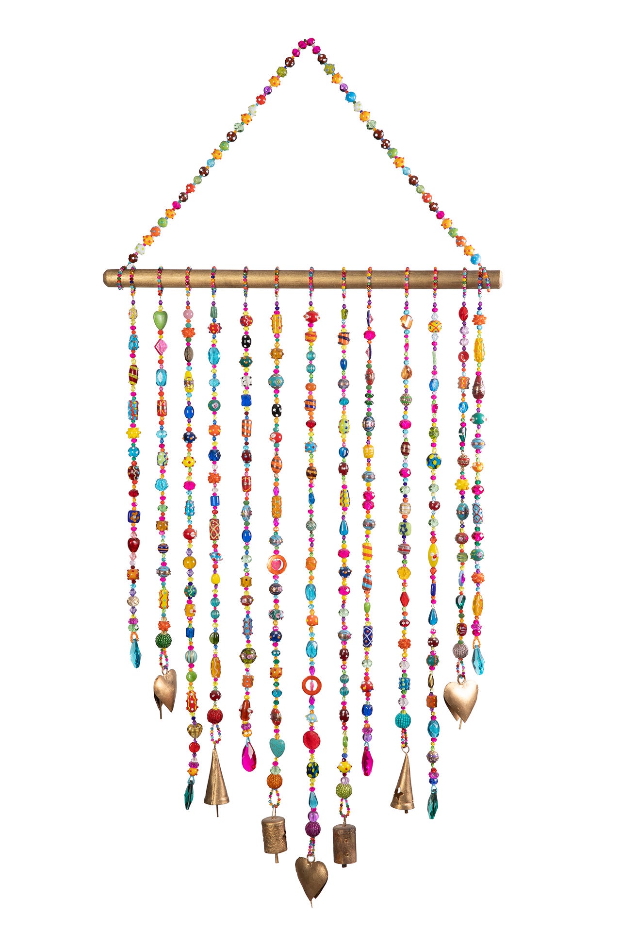 Colorful handmade boho beaded wall mobile with glass beads and brass bells hanging from a wooden rod