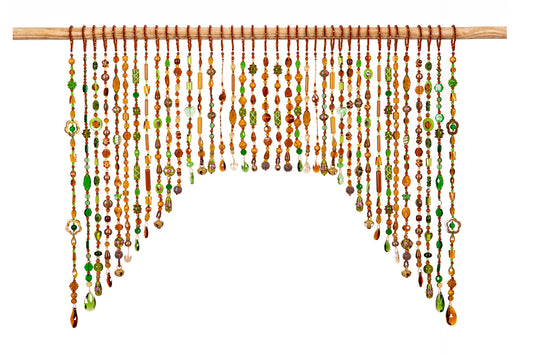 handmade glass beaded curtain arch with artisan beads and wooden rod