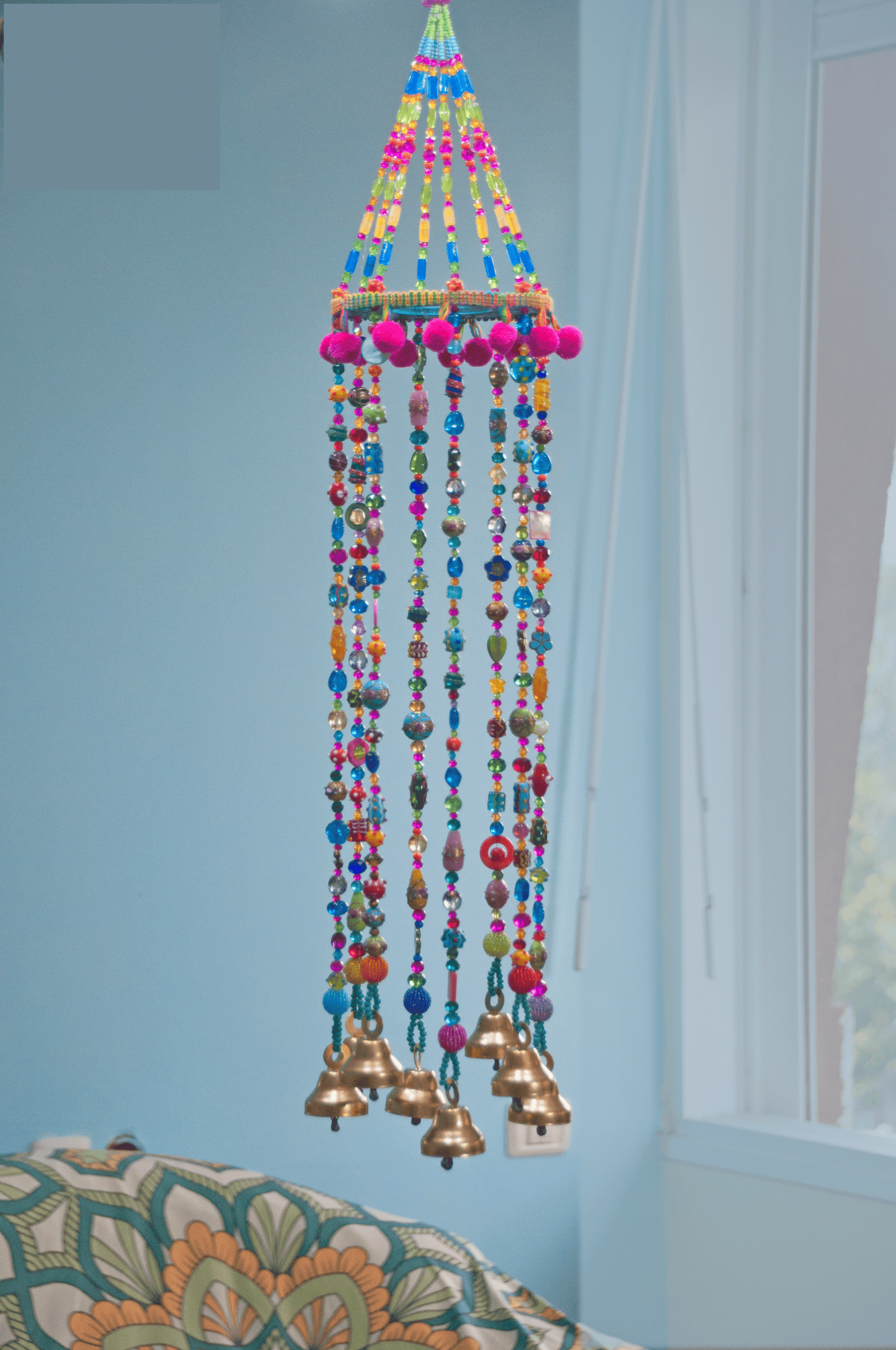 Bohemian beaded mobile with Brass bells-bohemian chic decor