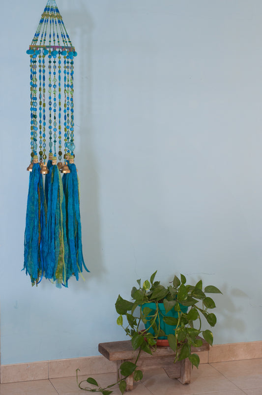 Turquoise Bohemian Wind Chime With Brass Bells and Fabric Tassels