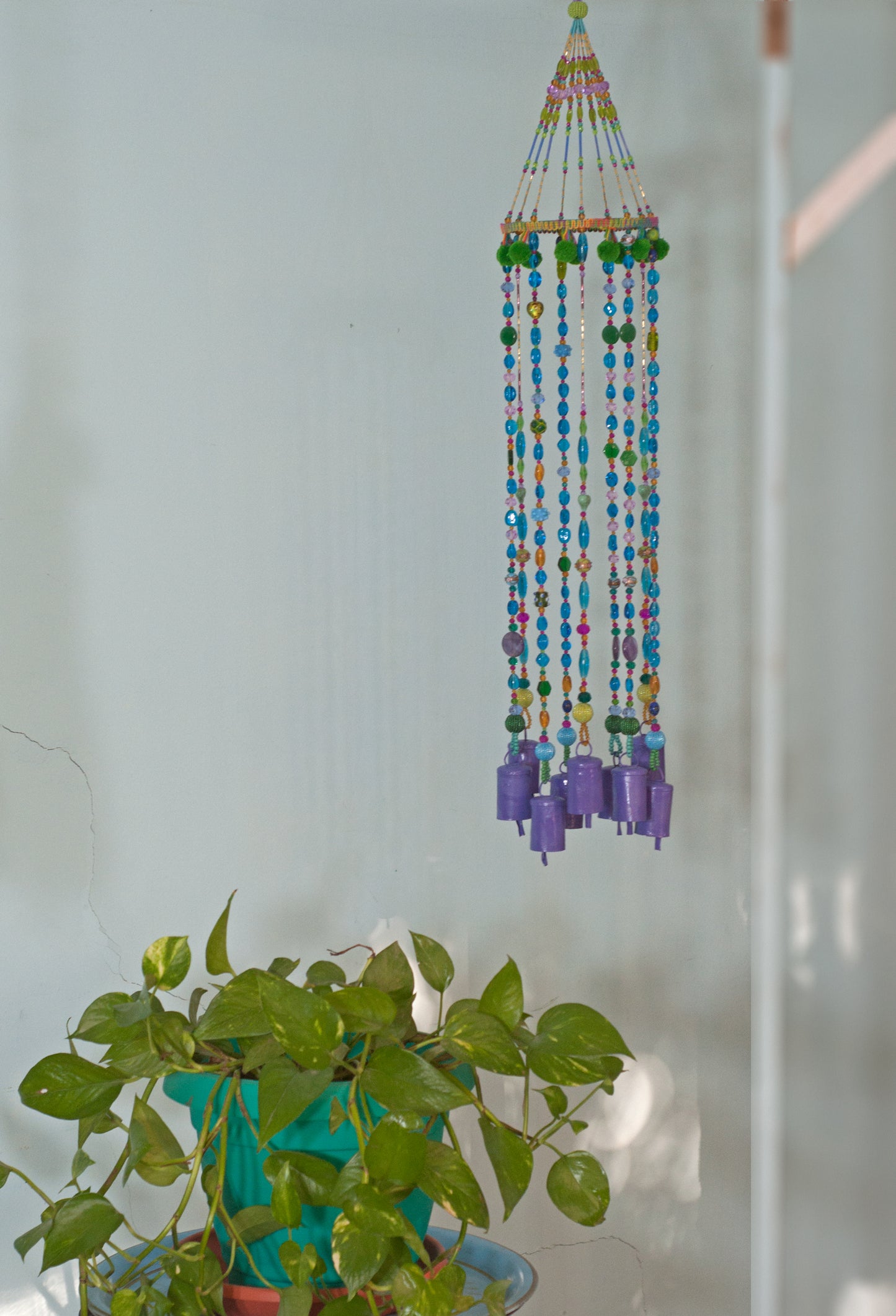 Beaded Wind Chime, with Purple Brass Bells