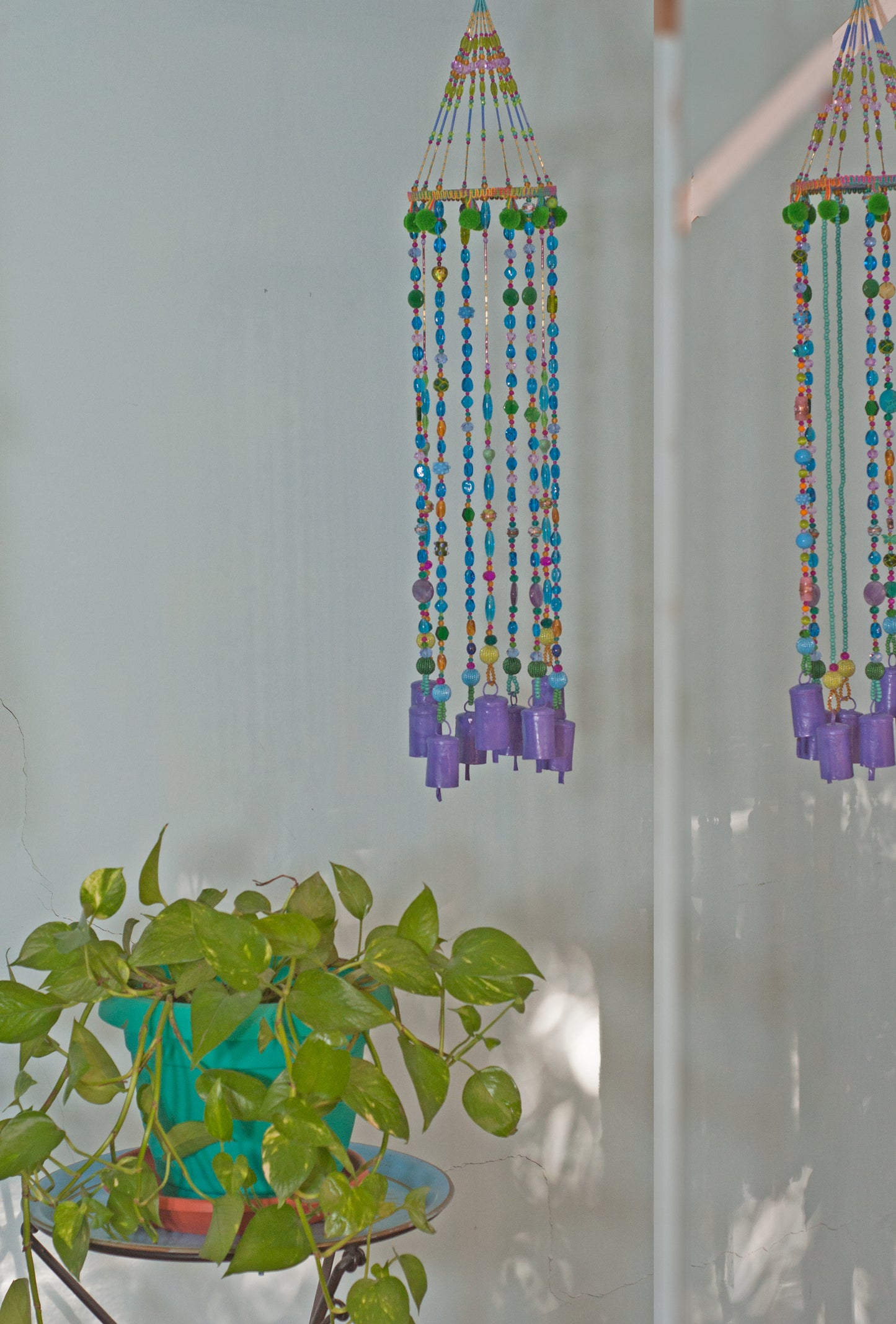 Beaded Wind Chime, with Purple Brass Bells