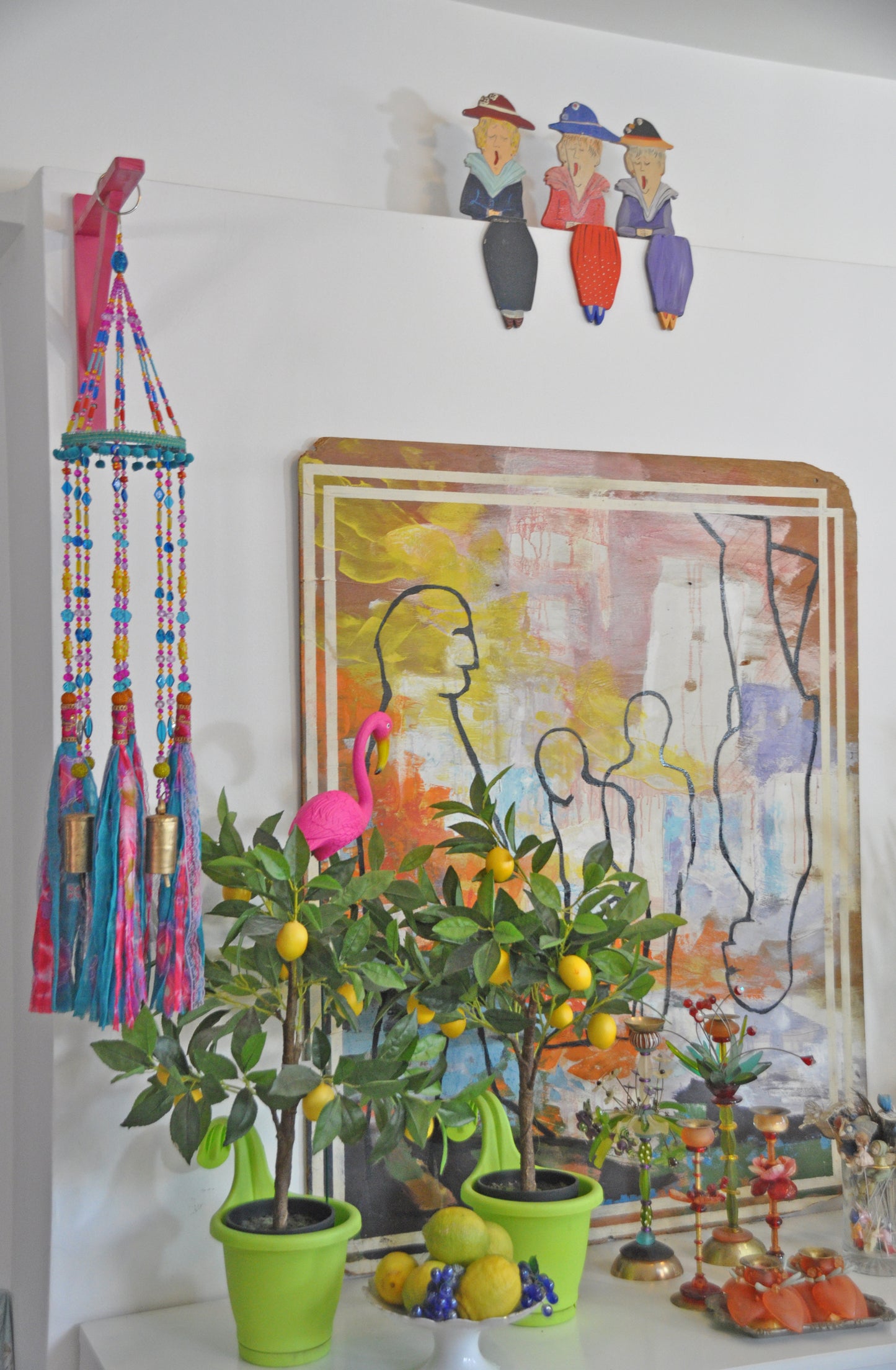 Colorful Beaded Mobile Wind Chime With Brass Bells and Fabric Tassels