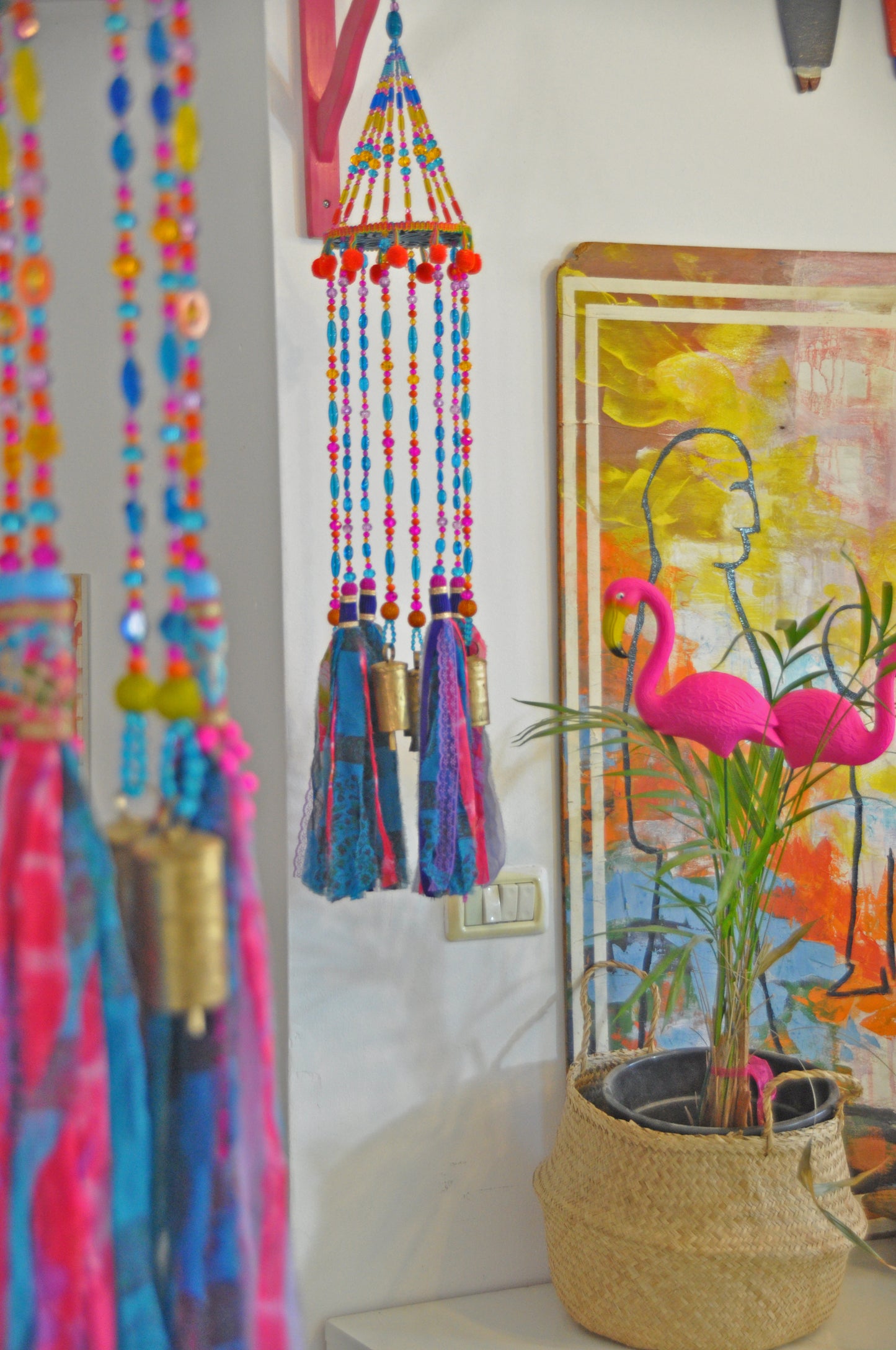Colorful Beaded Mobile Wind Chime With Brass Bells and Fabric Tassels