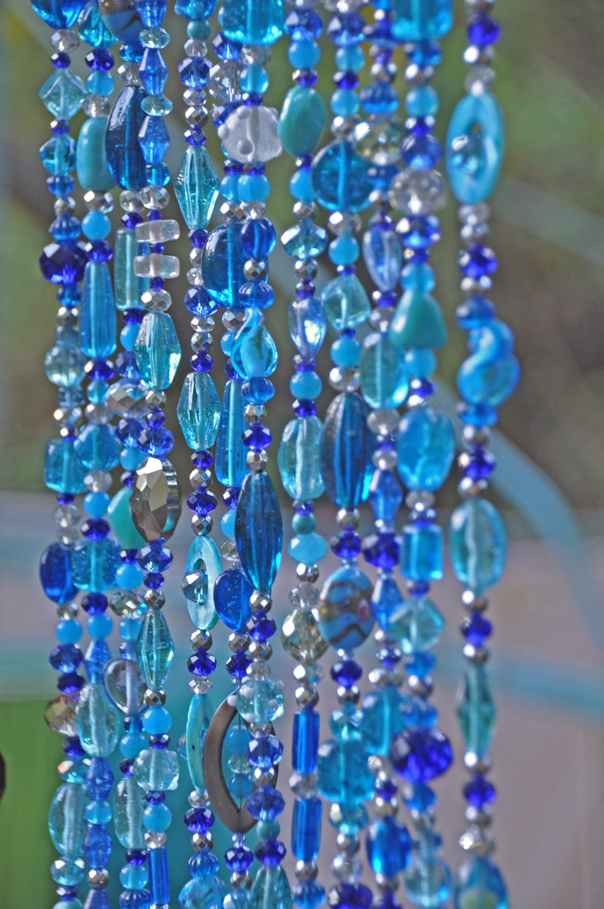 Beaded window Curtain in Shadows of Blue Turquoise Transparent and Grey