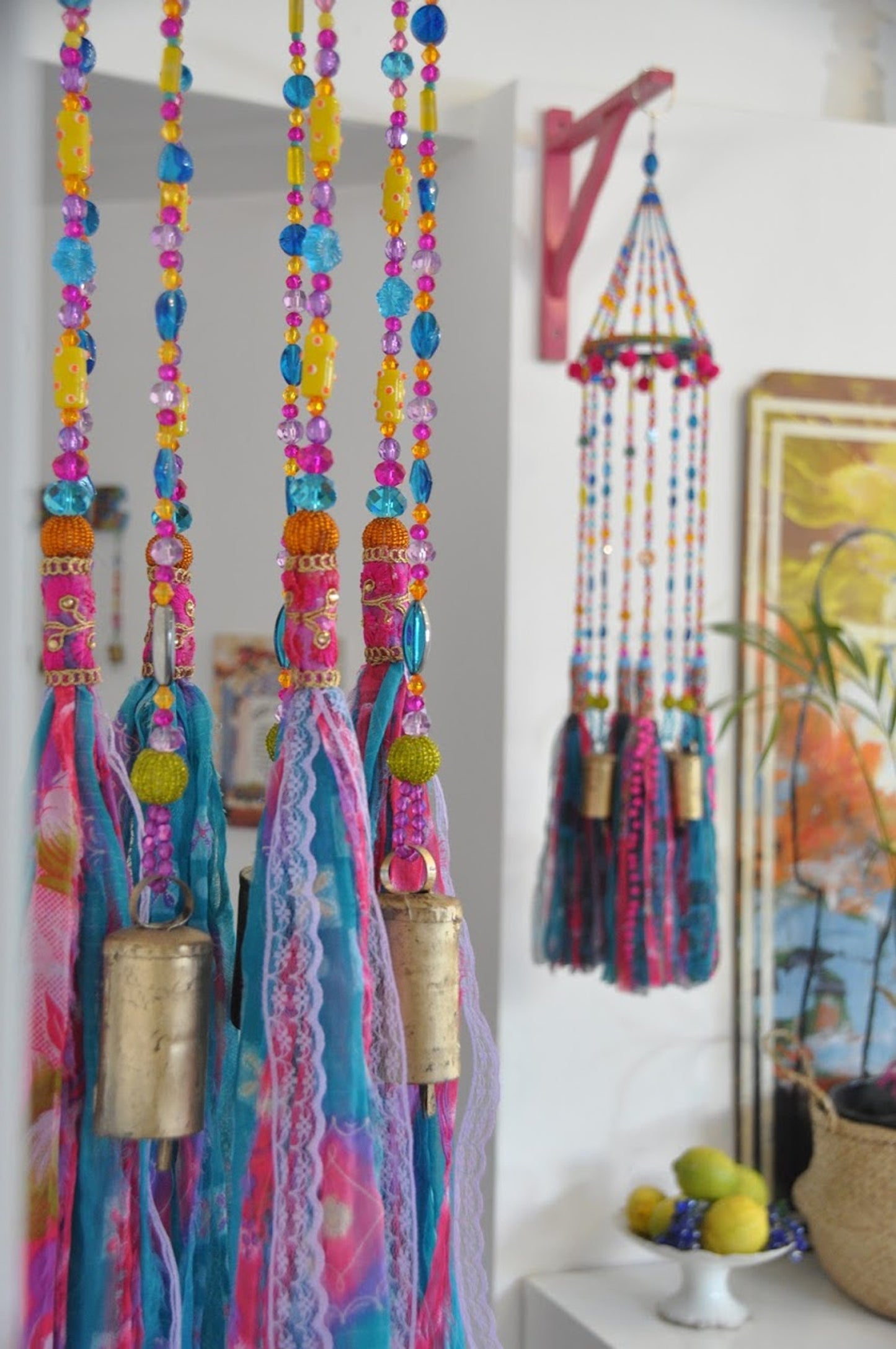 Colorful Beaded Mobile Wind Chime With Brass Bells and Fabric Tassels