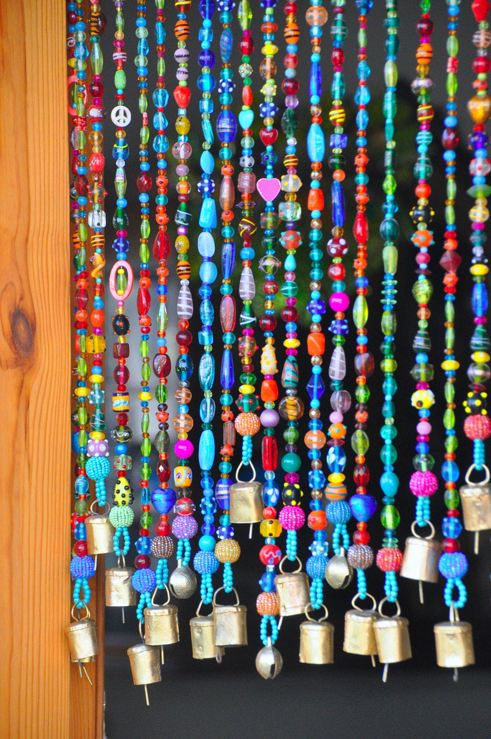 Colorful Bohemian Glass Bead Curtain With Brass Bells