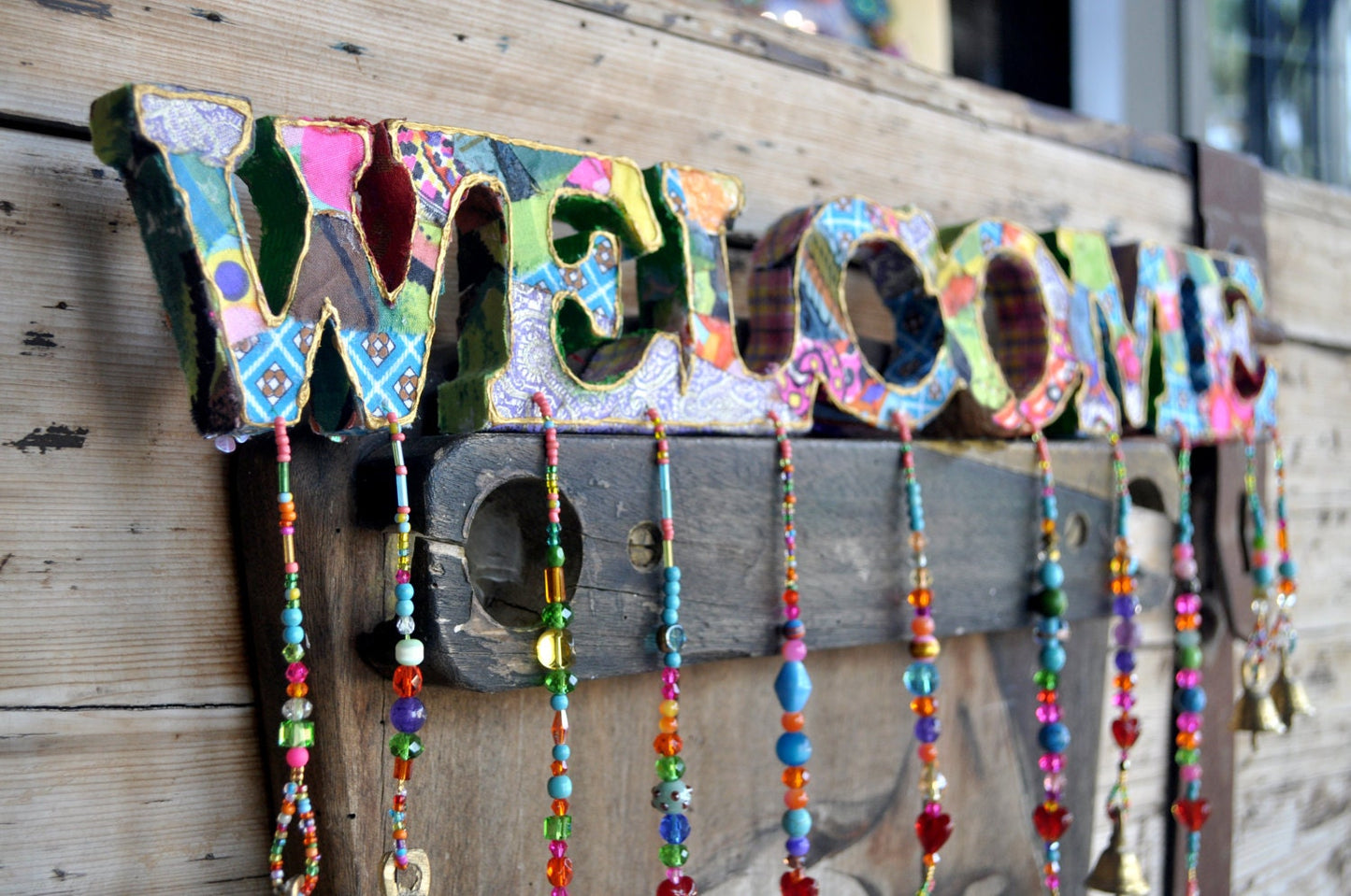 Bohemian Colorful Handmade Welcome Sign With Brass Bells