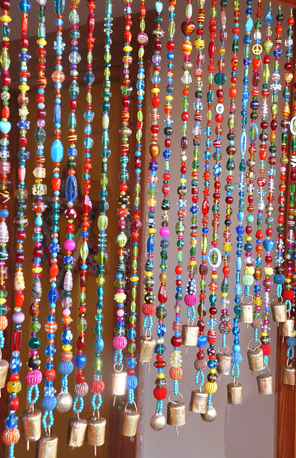 Colorful Bohemian Glass Bead Curtain With Brass Bells