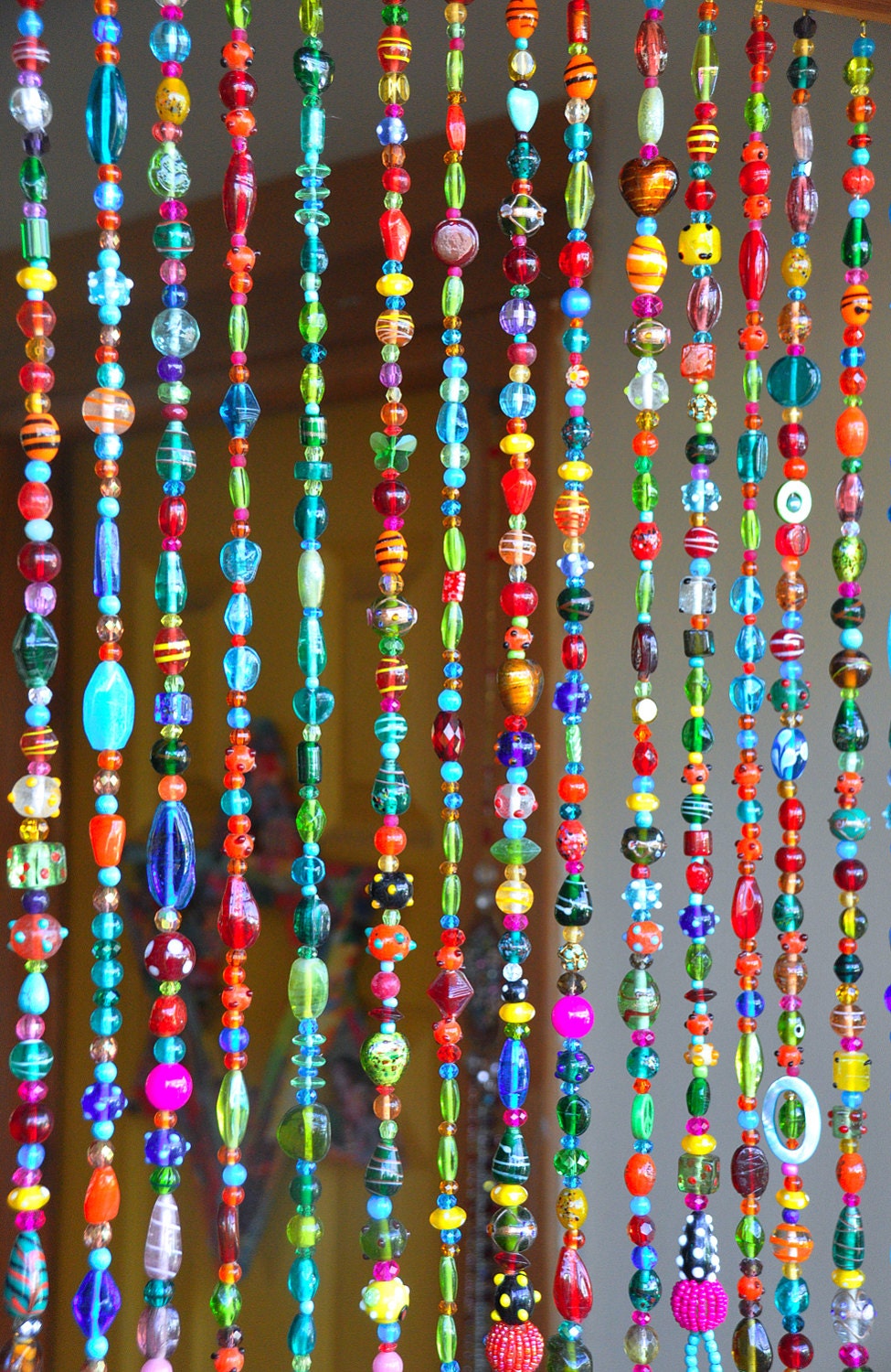 Colorful Bohemian Glass Bead Curtain With Brass Bells