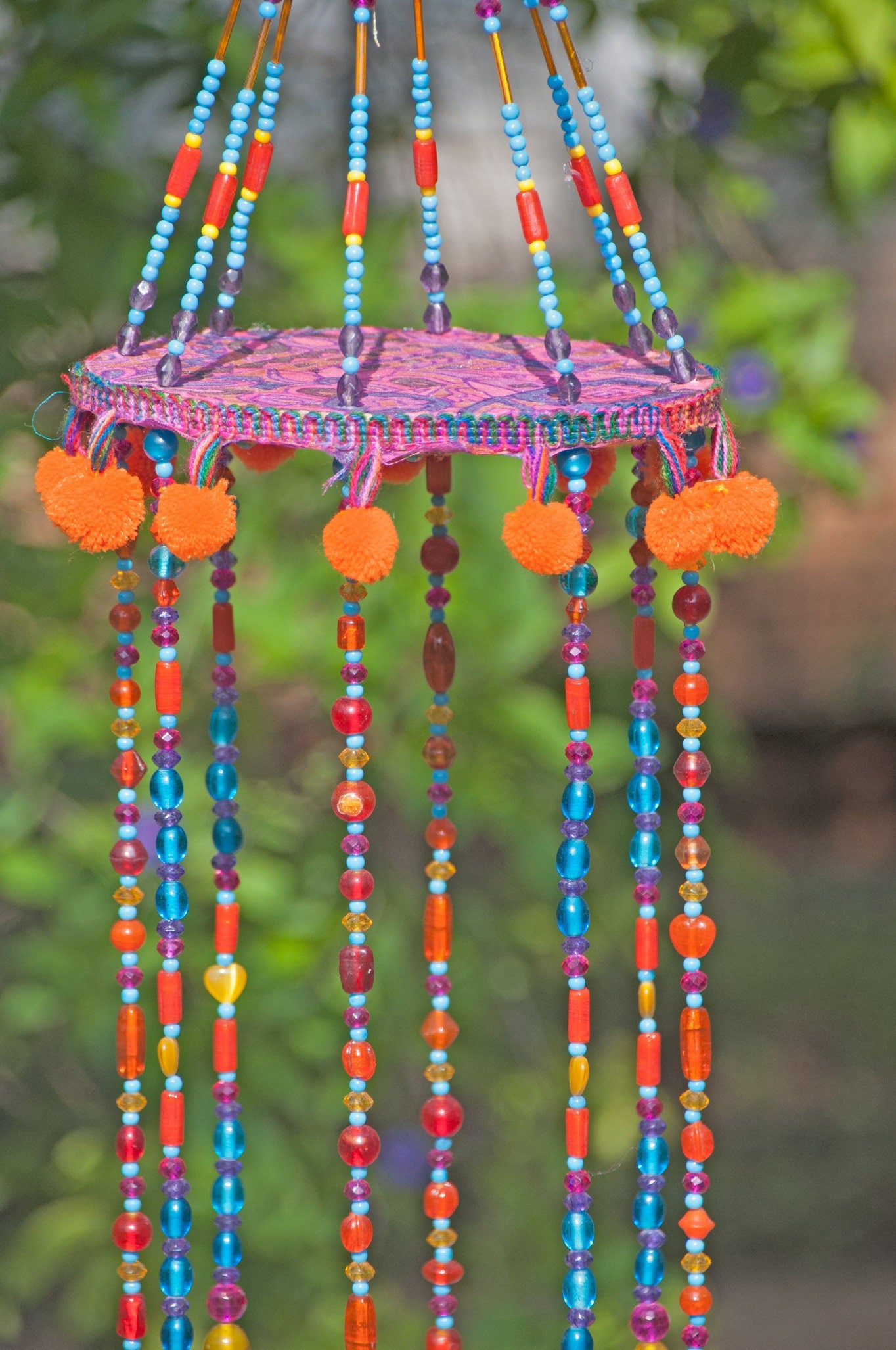 Fuchsia Turquoise and Orange Beaded Wind Chime with Fabric Tassels