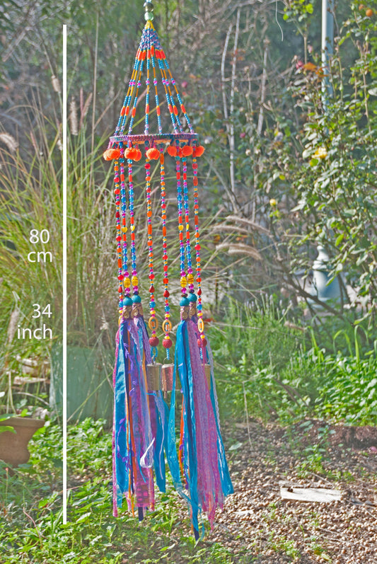 Fuchsia Turquoise and Orange Beaded Wind Chime with Fabric Tassels