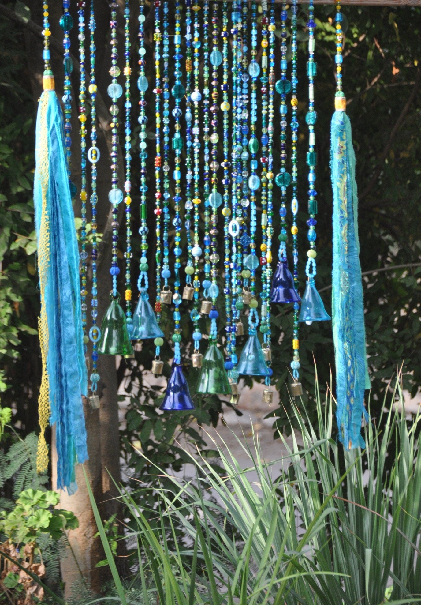 Beaded Curtain with Glass Bells Brass Bells and Fabric Tassels