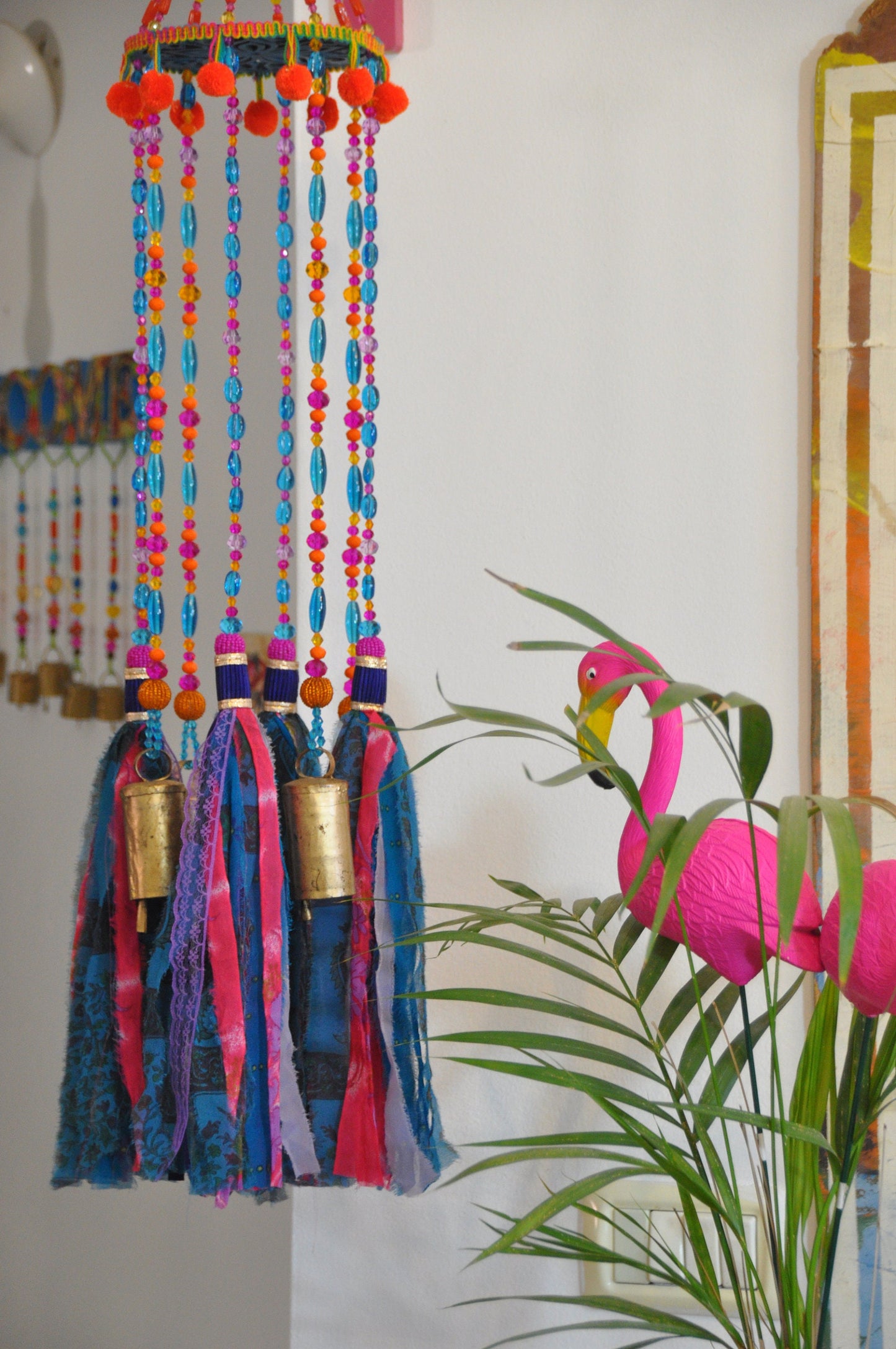 Fuchsia Turquoise purple and orange Beaded Wind Chime with fabric tassels, Unique bohemian hand Made To Order