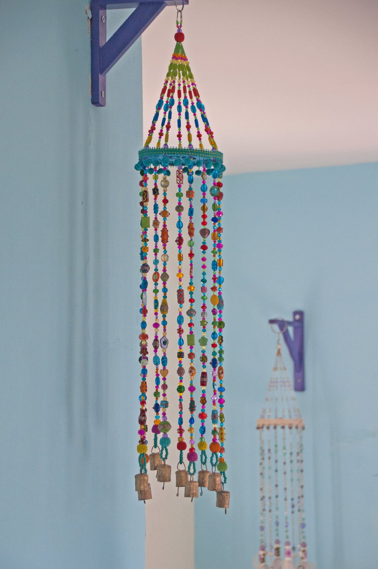 Bohemian beaded mobile with Brass bells-bohemian chic decor.