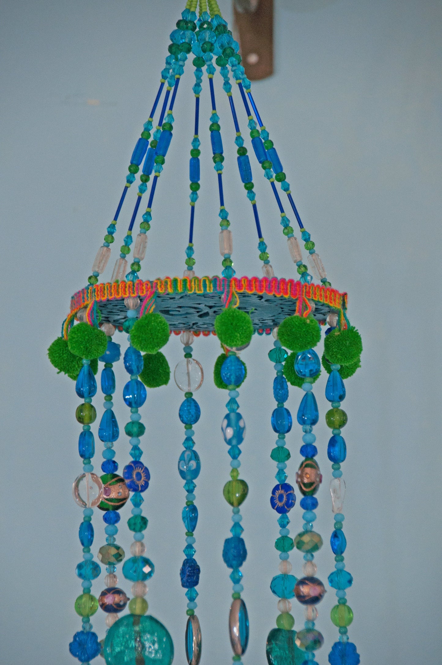 Turquoise Green and Transparent Bohemian Beaded Sun catcher  Wind Chimes with Brass Bells