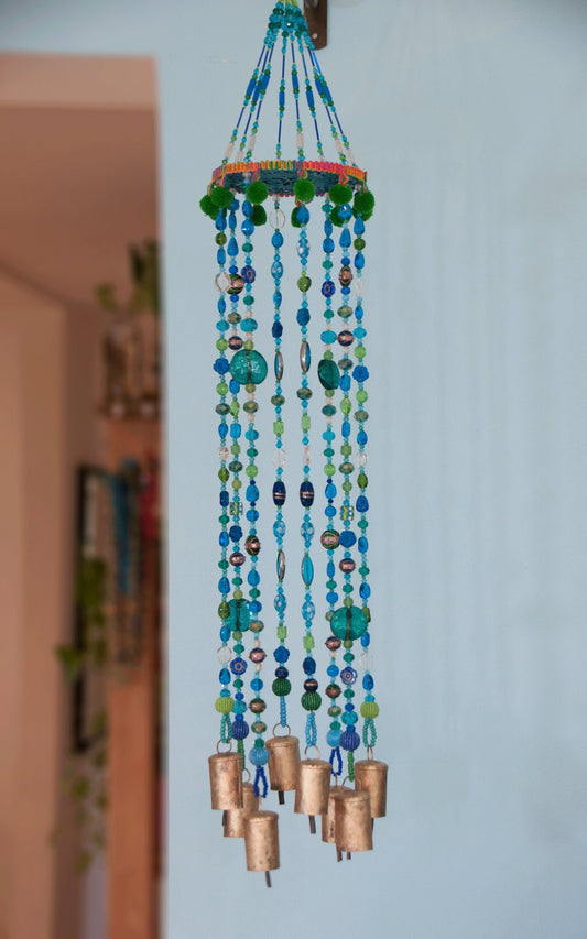 Turquoise Green and Transparent Bohemian Beaded Sun catcher  Wind Chimes with Brass Bells
