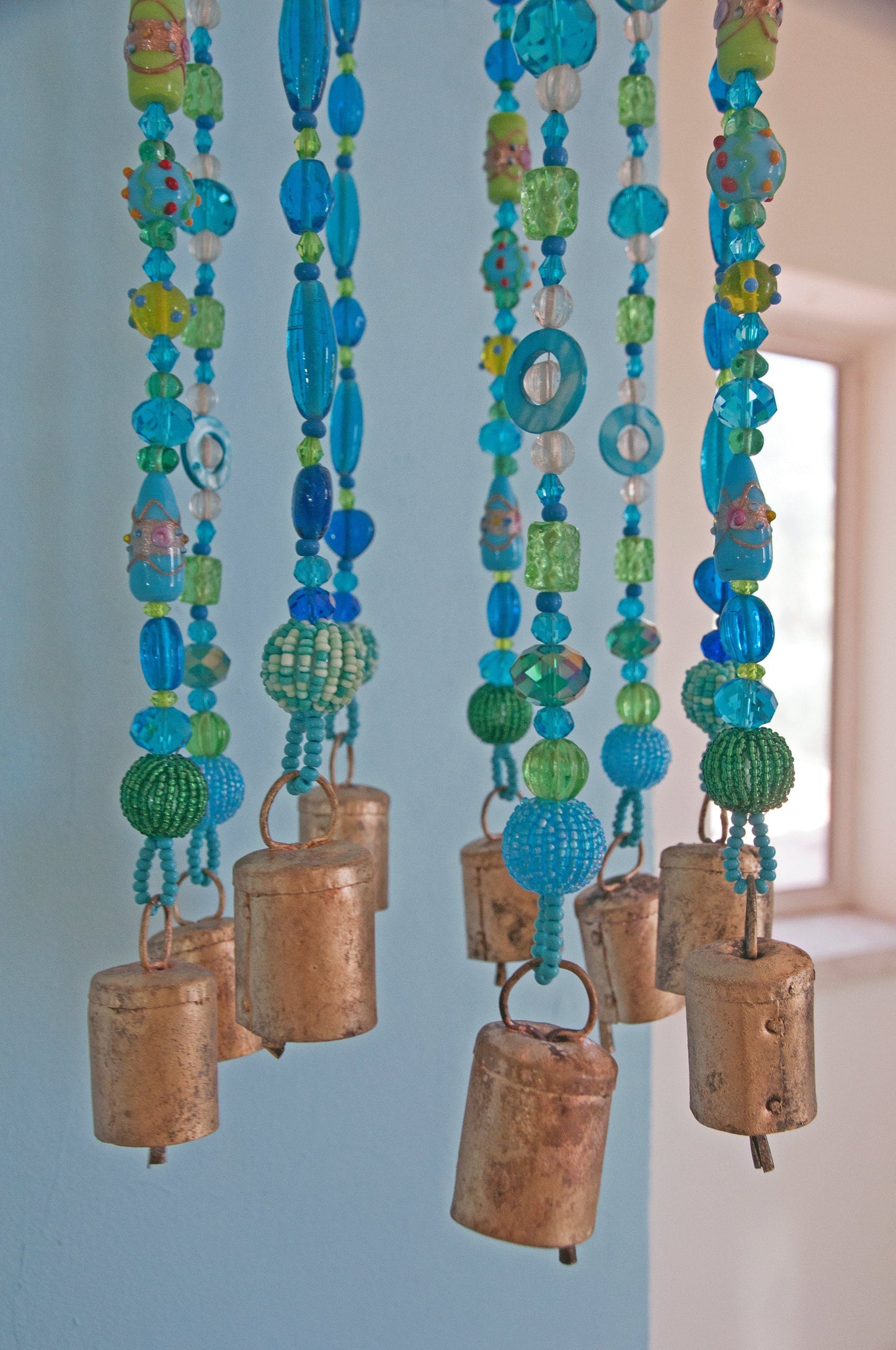 Turquoise and Green Bohemian Beaded Wind Chimes with Brass Bells